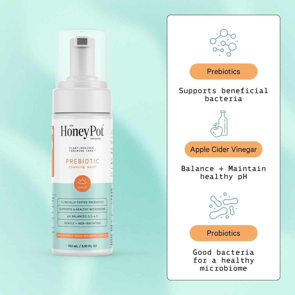 Close-up of The Honey Pot Prebiotic Wash pump for easy daily dispensing.