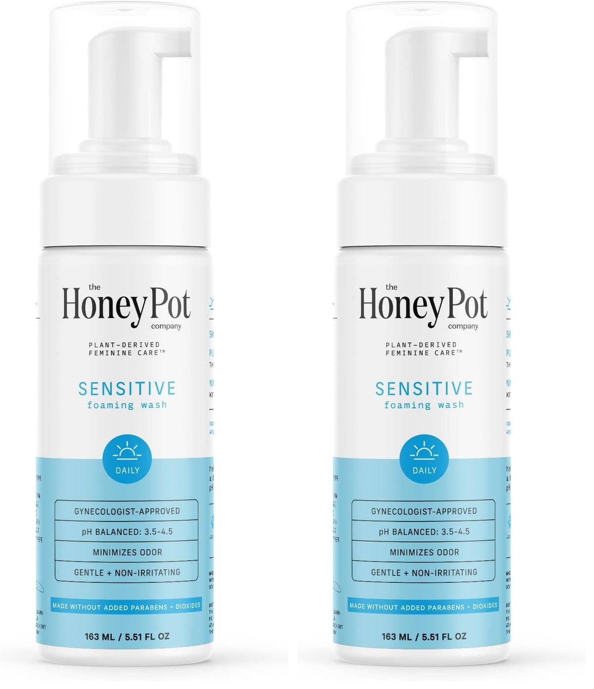 The Honey Pot Sensitive Feminine Wash bottle-front shows daily gentle cleansing with balanced pH.