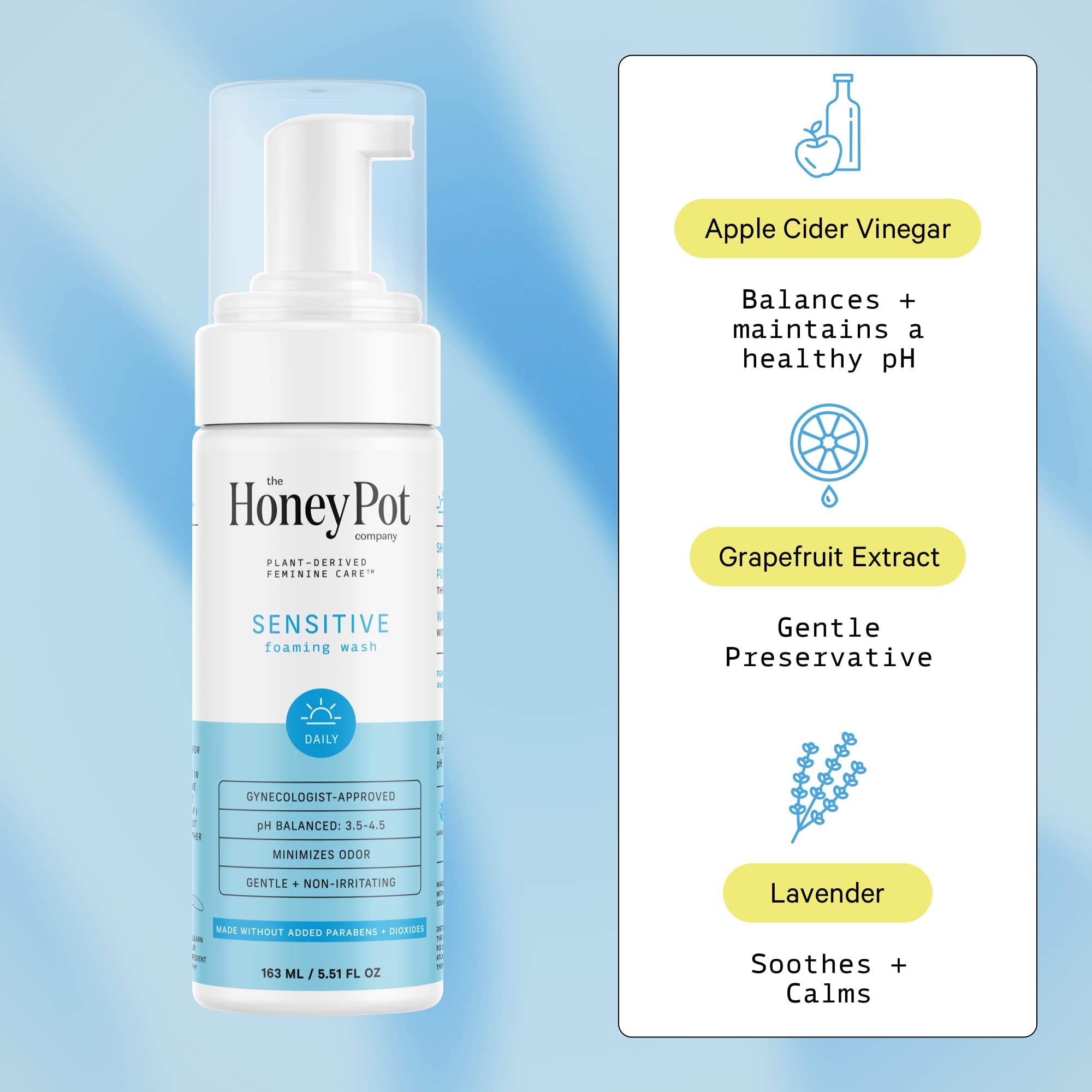 The Honey Pot Sensitive Wash foaming texture close-up, soft lather for comfortable use.