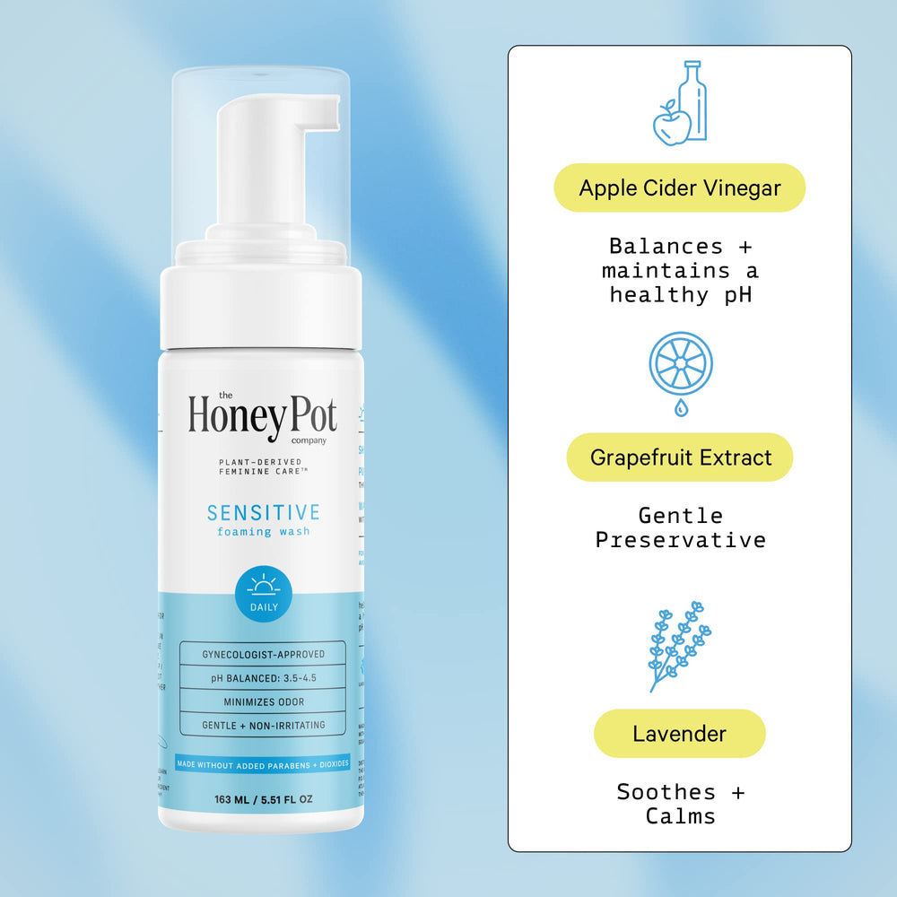 The Honey Pot Sensitive Feminine Wash 2-pack exterior highlights convenient, extended-use packaging.