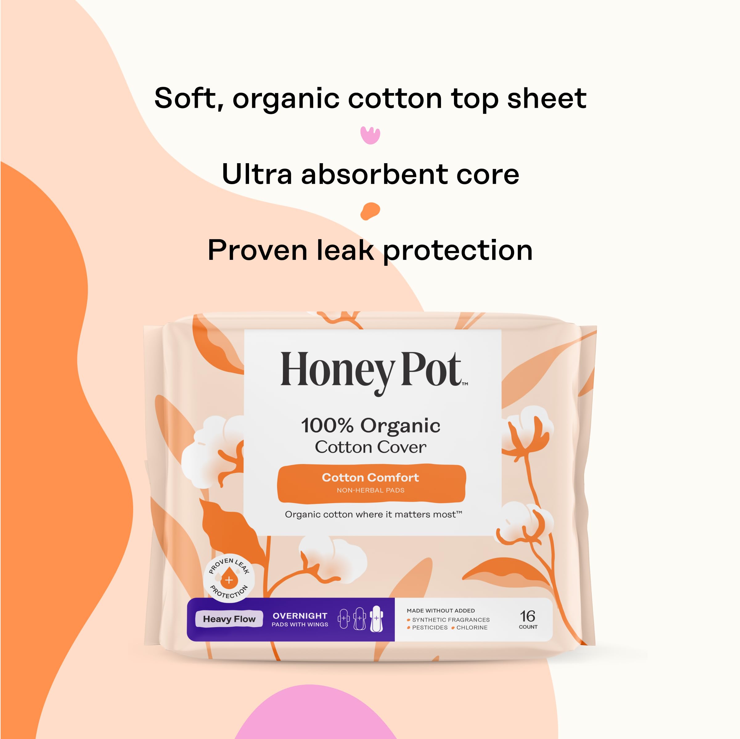 The Honey Pot ultra-absorbent pulp core detail highlights high absorbency.