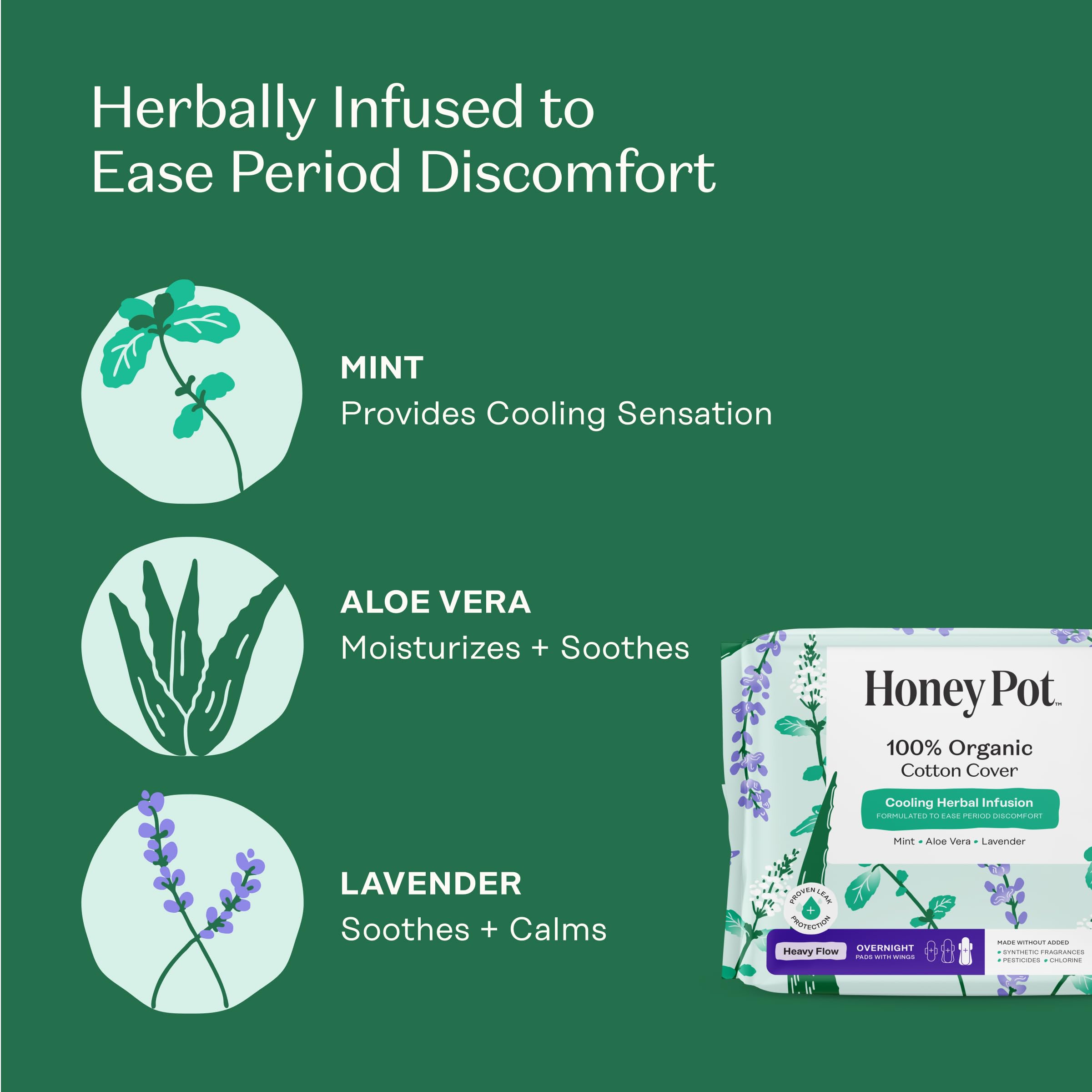 The Honey Pot ultra-absorbent wood pulp core delivers reliable absorption and protection.