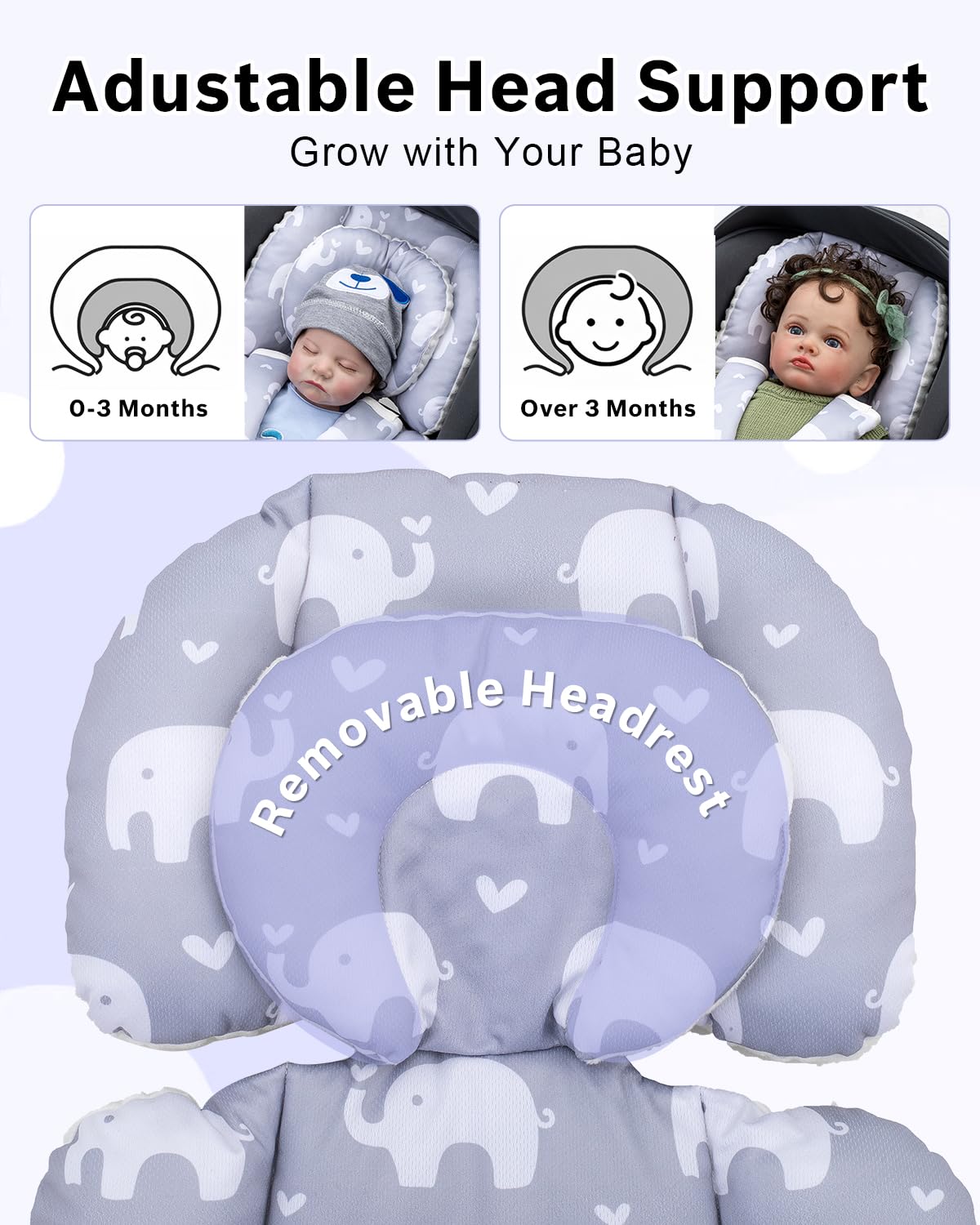 The Kenkyo extra headrest insert adds height for growing babies during strolls.