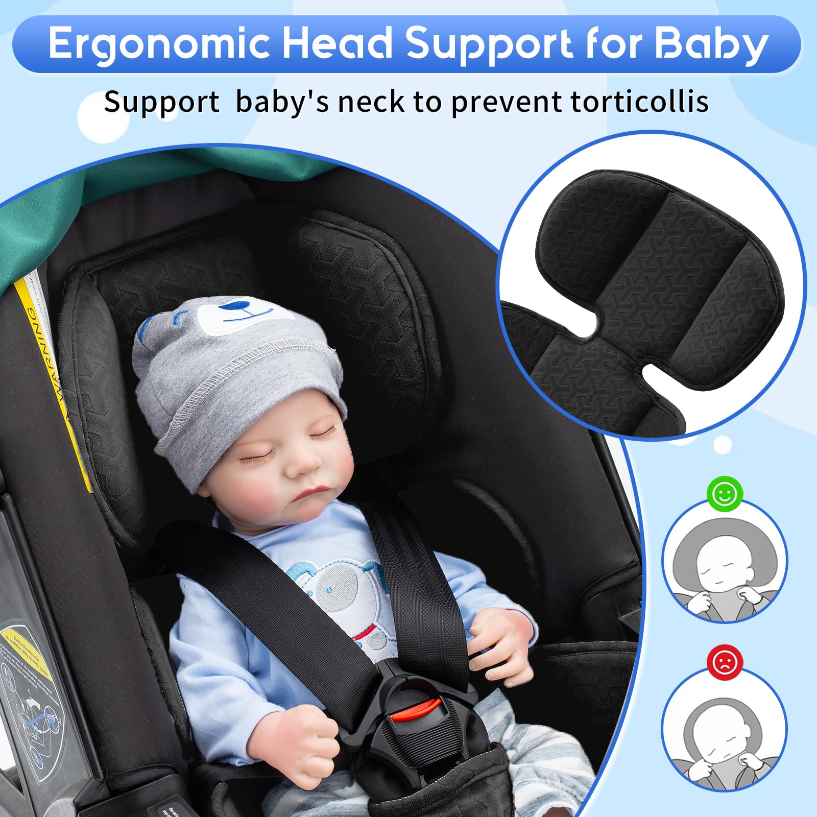 The Kenkyo head and body support cushions the infant’s head and neck.