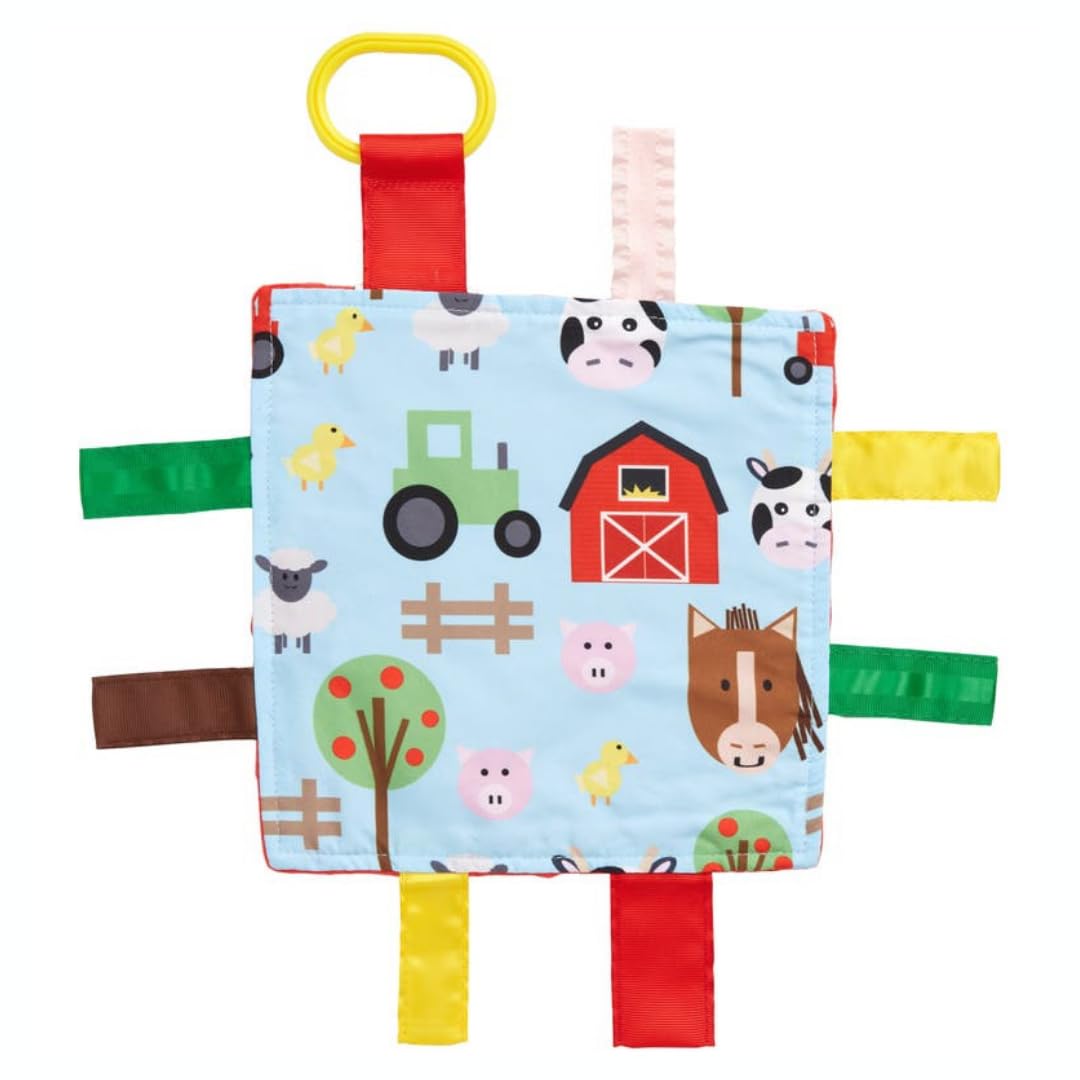 The Learning Lovey farm animal crinkle tag toy with engaging textures.