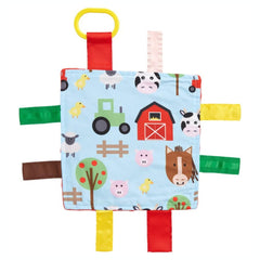 The Learning Lovey farm animal crinkle tag toy with engaging textures.