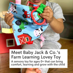 The Learning Lovey textured ribbons teething surface for tactile exploration.
