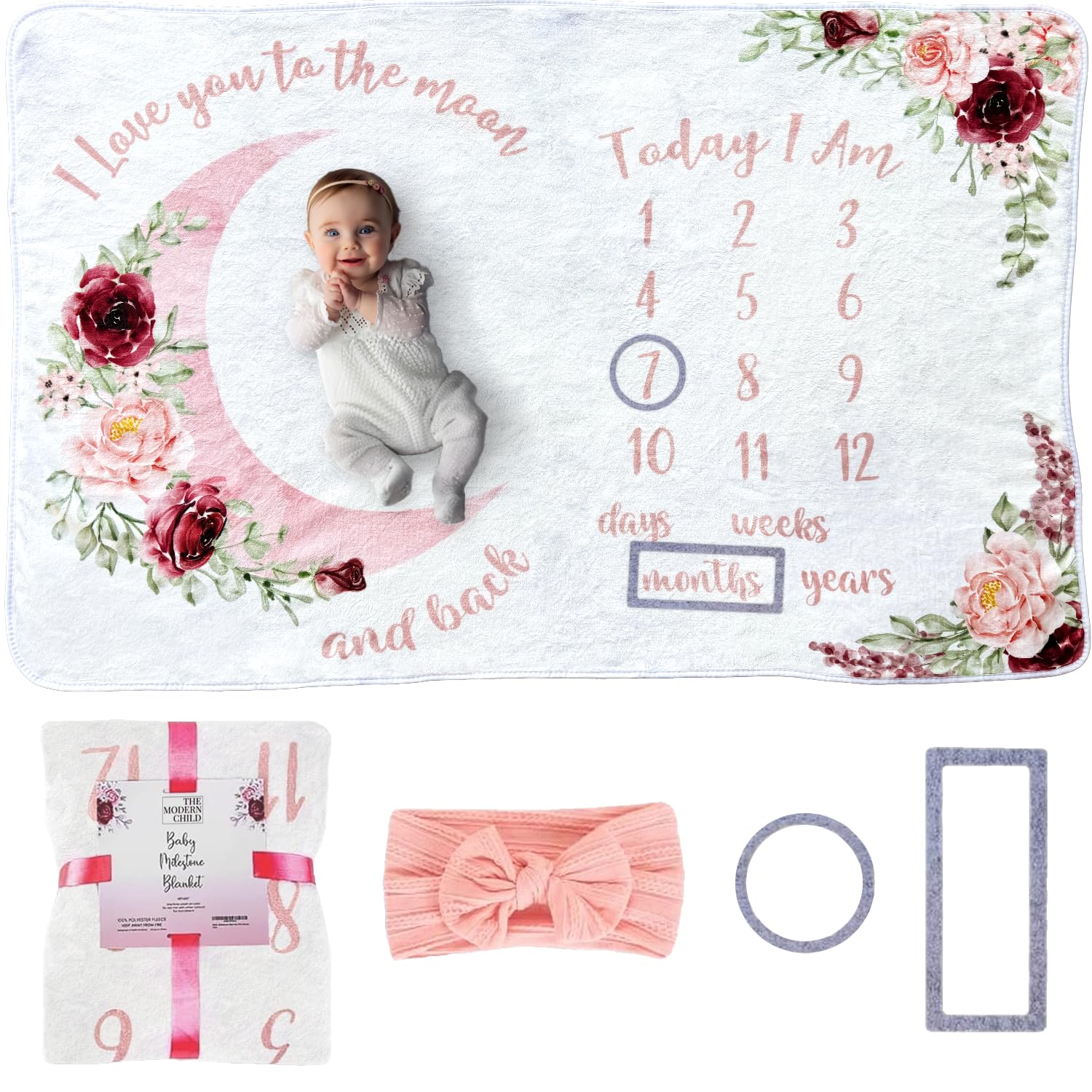 The Modern Child milestone blanket with floral moon on plush fleece, ideal for photos.