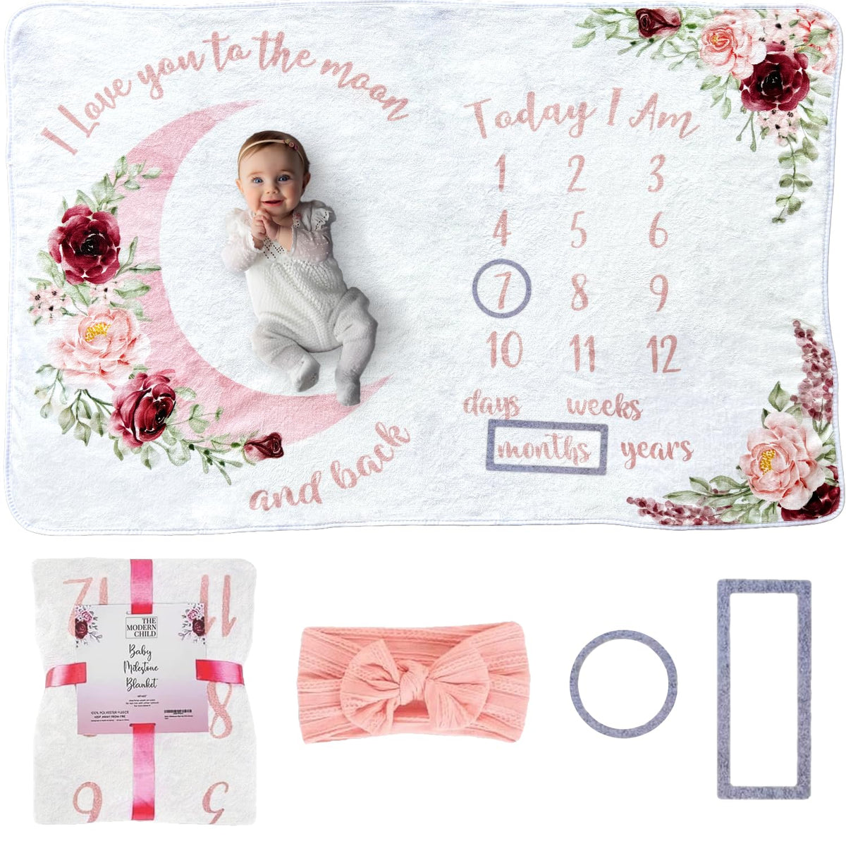 The Modern Child milestone blanket with floral moon on plush fleece, ideal for photos.