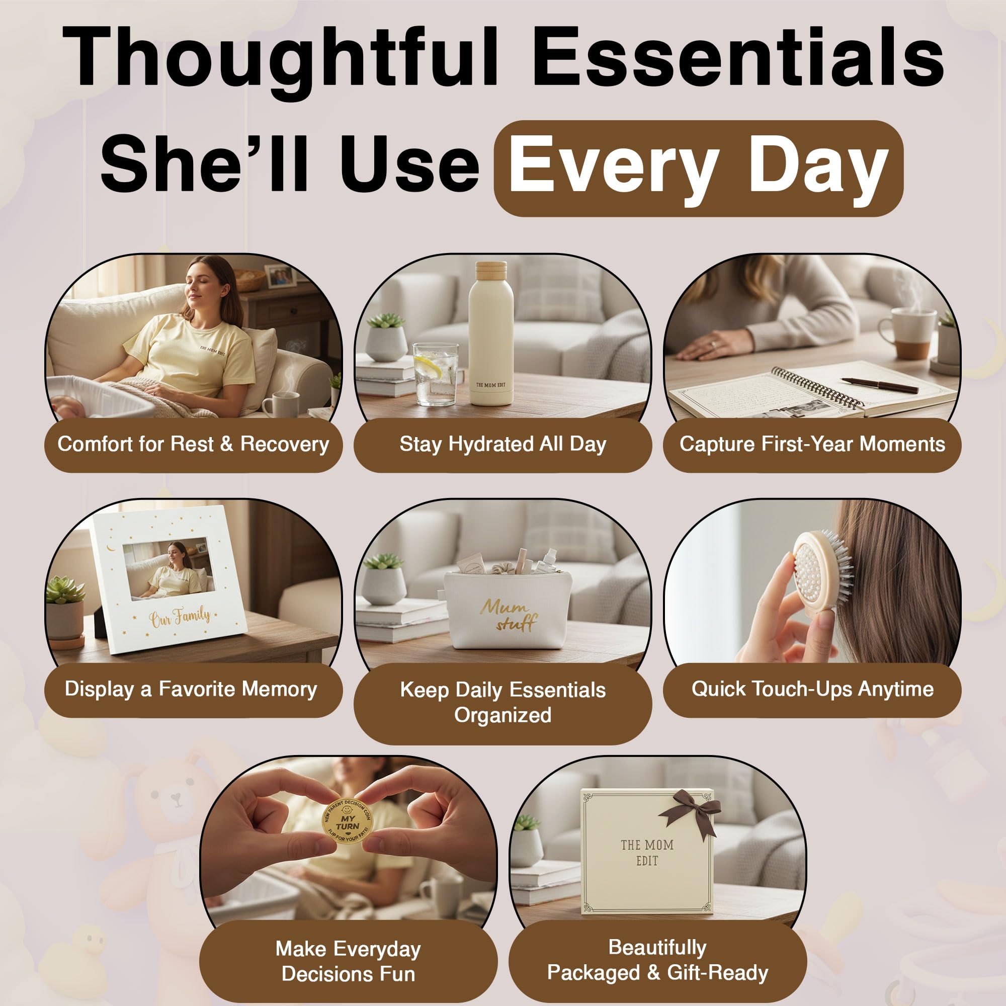 The Mom Edit luxury gift basket styled for new moms and moms-to-be