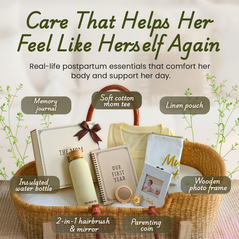The Mom Edit unboxing moment showing premium postpartum relaxation items