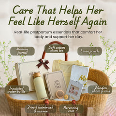 The Mom Edit unboxing moment showing premium postpartum relaxation items
