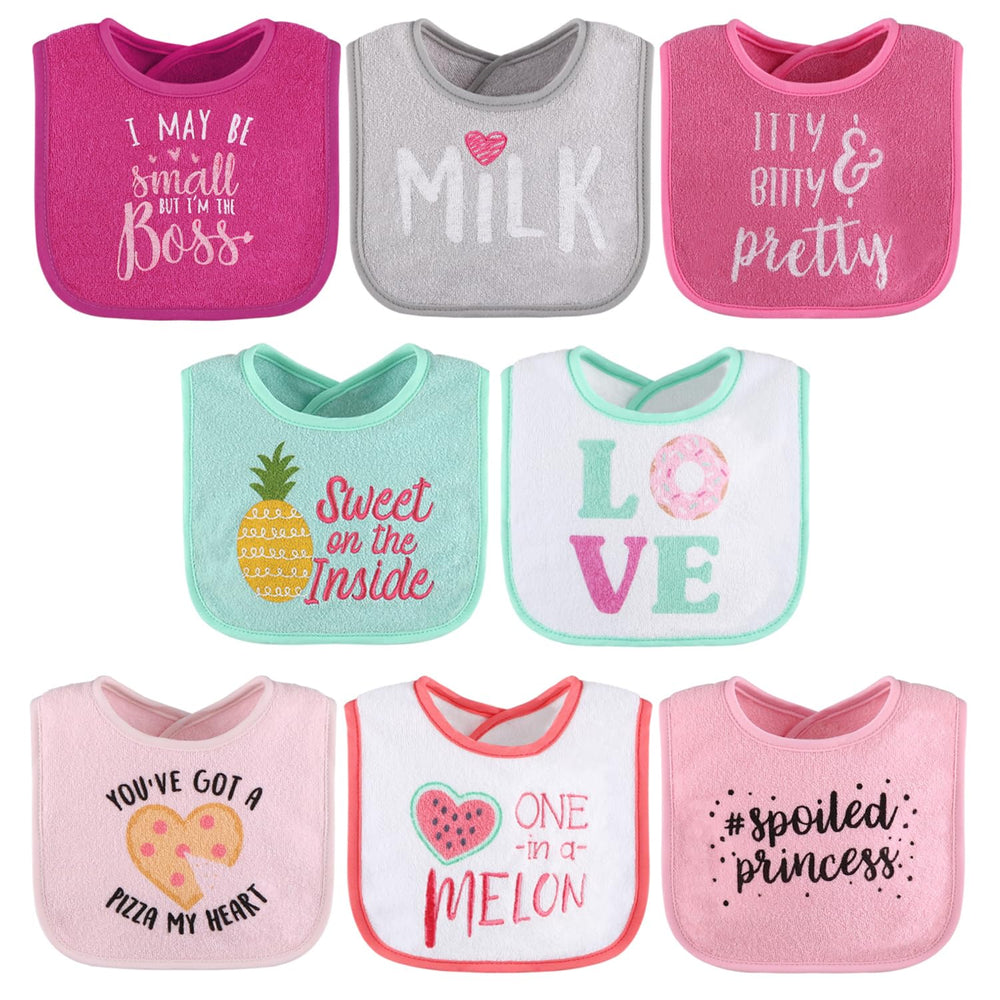 The Peanutshell baby girl bib set in pink, eight-pack, stylish mess protection.
