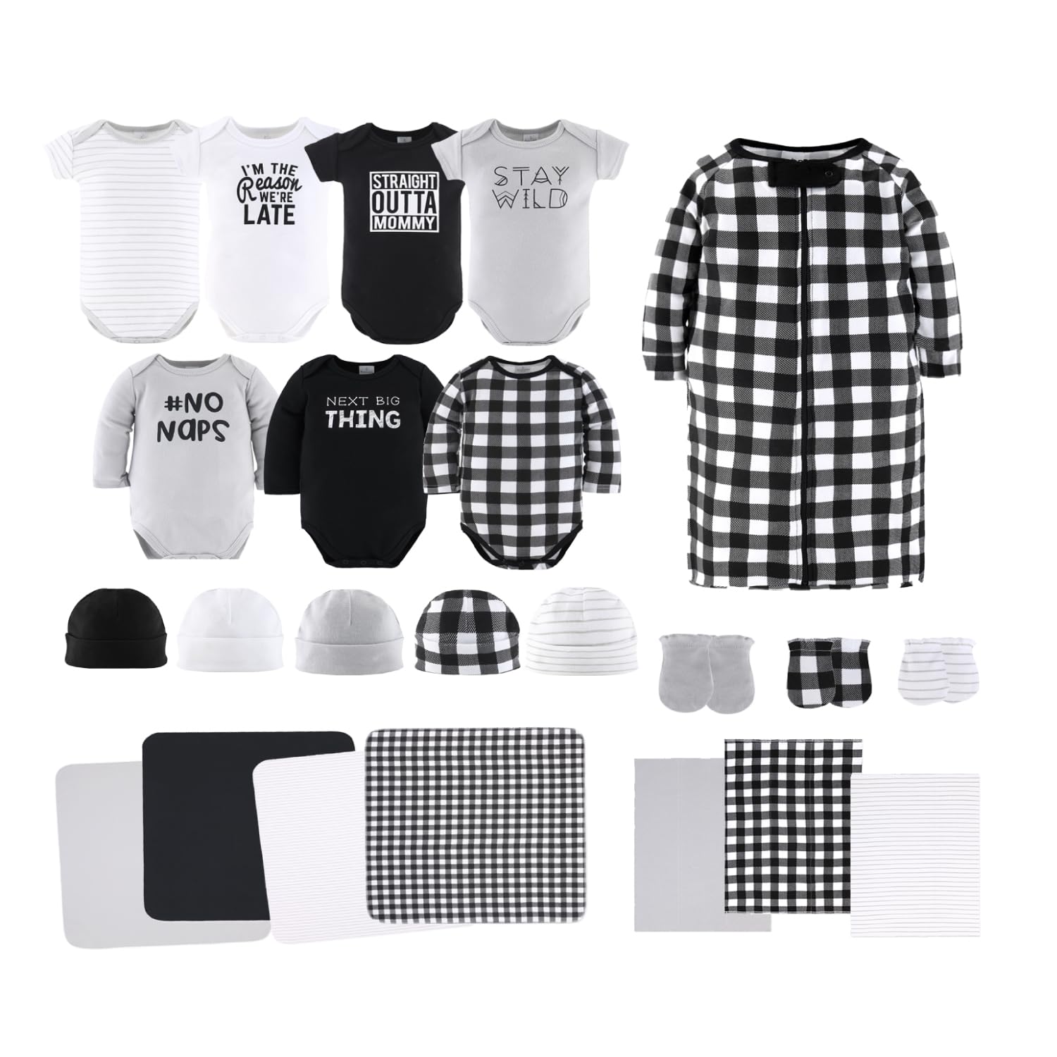 The Peanutshell baby layette gift set layout shows 23 pieces for newborn girls.