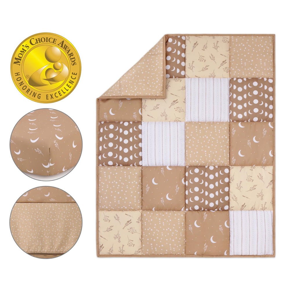 The Peanutshell celestial crib sheet keeps standard mattresses snug for peaceful sleep.