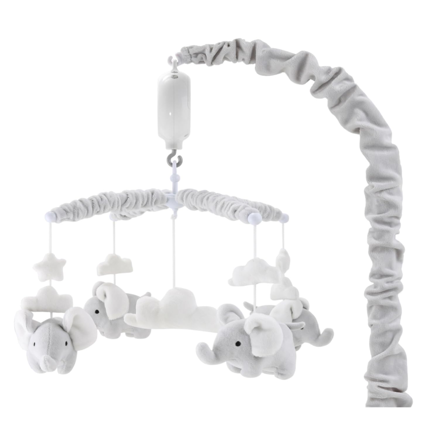 The Peanutshell crib mobile with elephants, clouds, and stars for calming visuals.