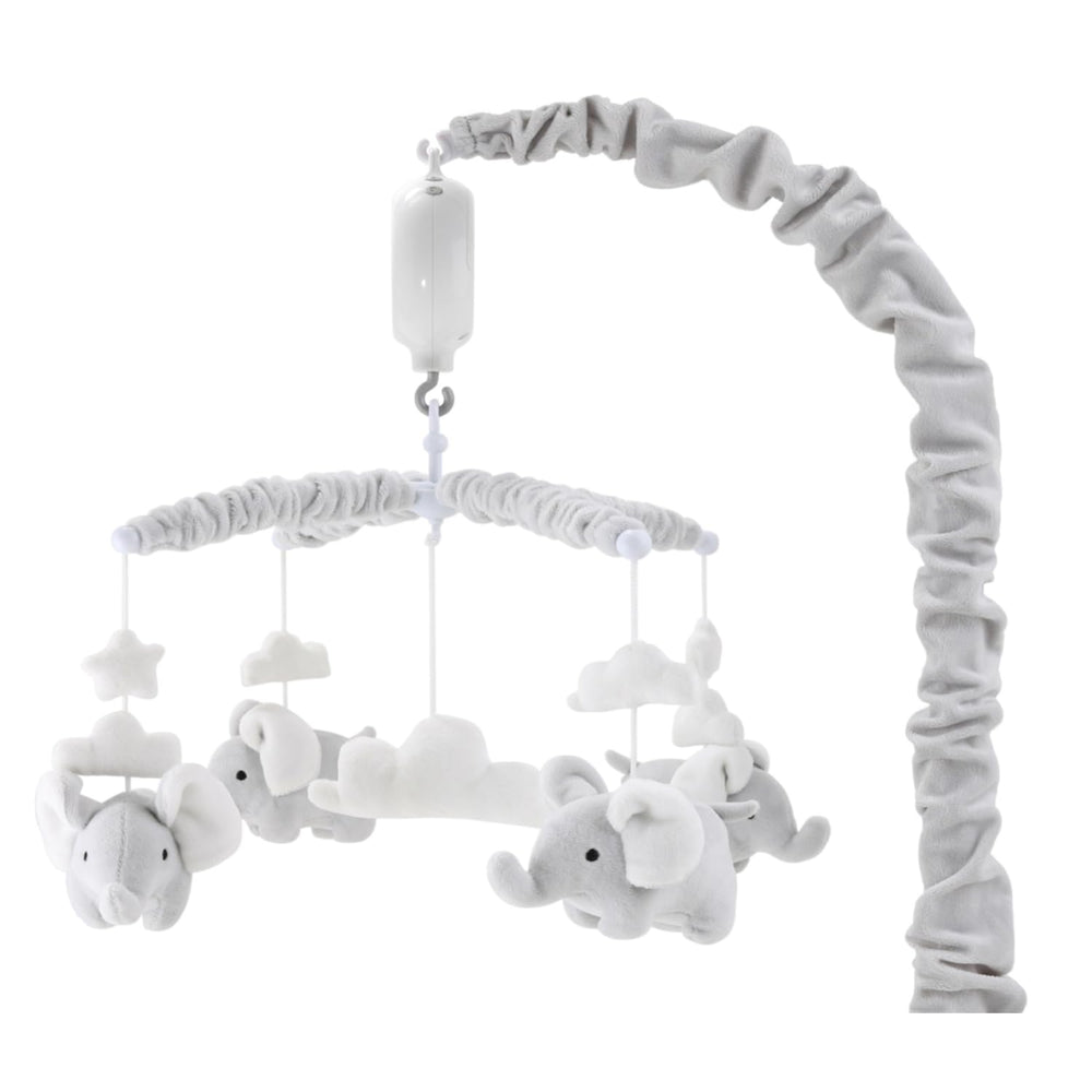 The Peanutshell crib mobile with elephants, clouds, and stars for calming visuals.