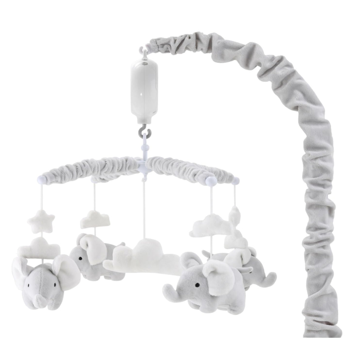 The Peanutshell crib mobile with elephants, clouds, and stars for calming visuals.