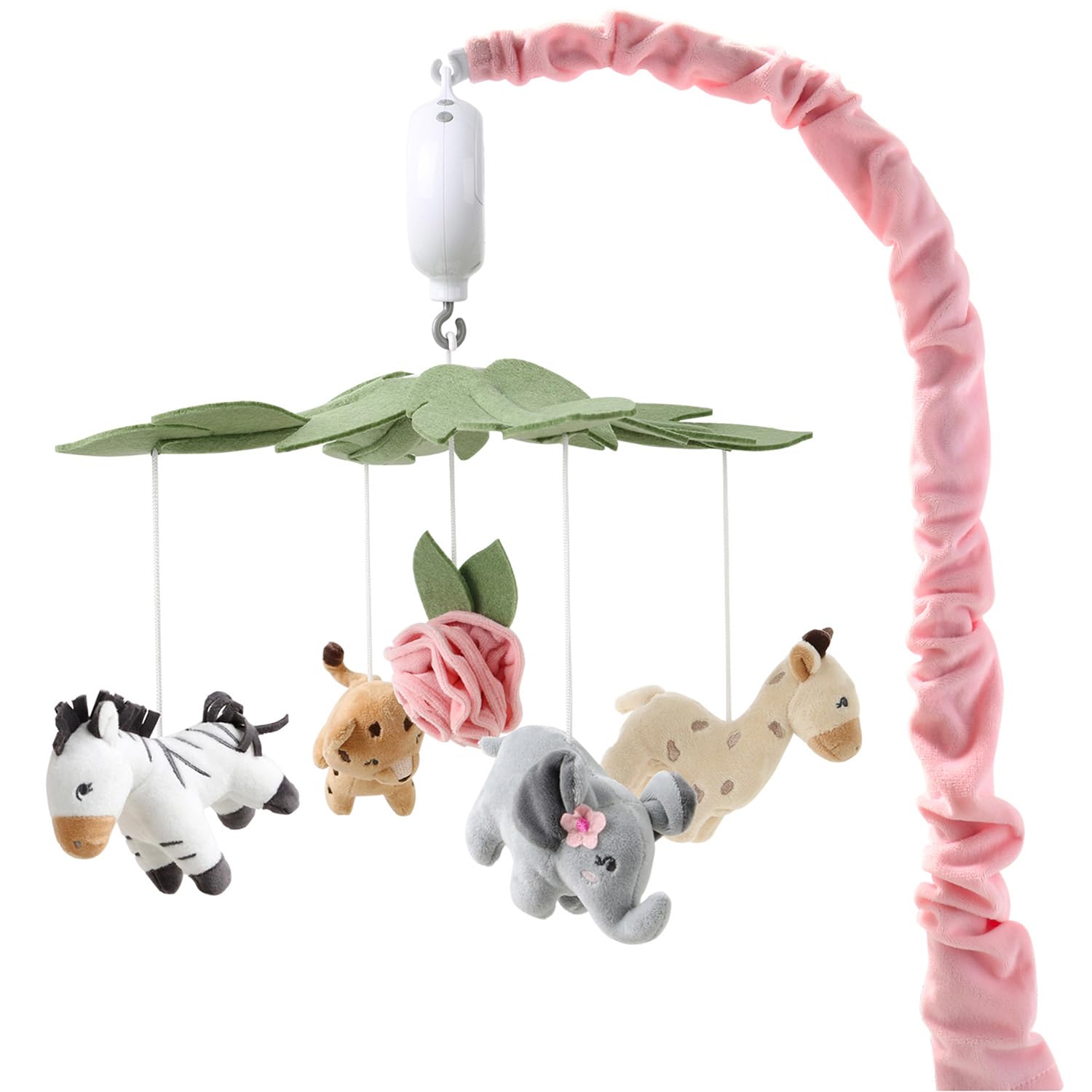 The Peanutshell crib mobile for girls in soft pink featuring animal shapes for soothing bedtime visuals