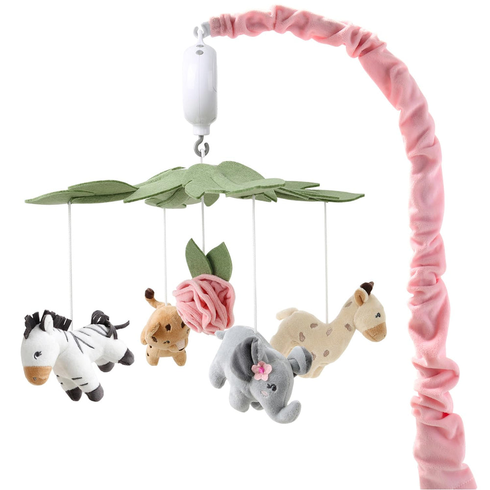 The Peanutshell crib mobile for girls in soft pink featuring animal shapes for soothing bedtime visuals