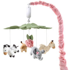 The Peanutshell crib mobile for girls in soft pink featuring animal shapes for soothing bedtime visuals