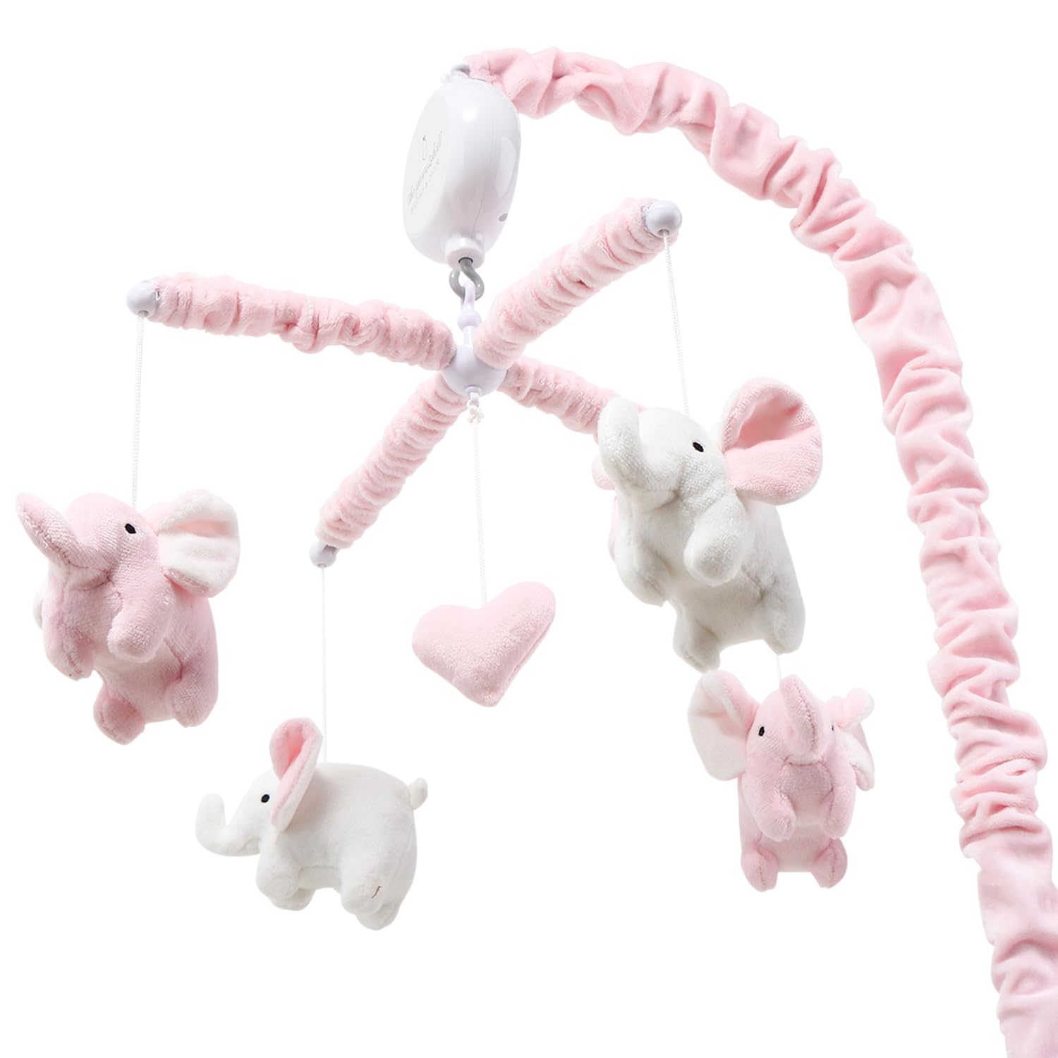 The Peanutshell crib mobile doubles as colorful nursery decor in pink and white.
