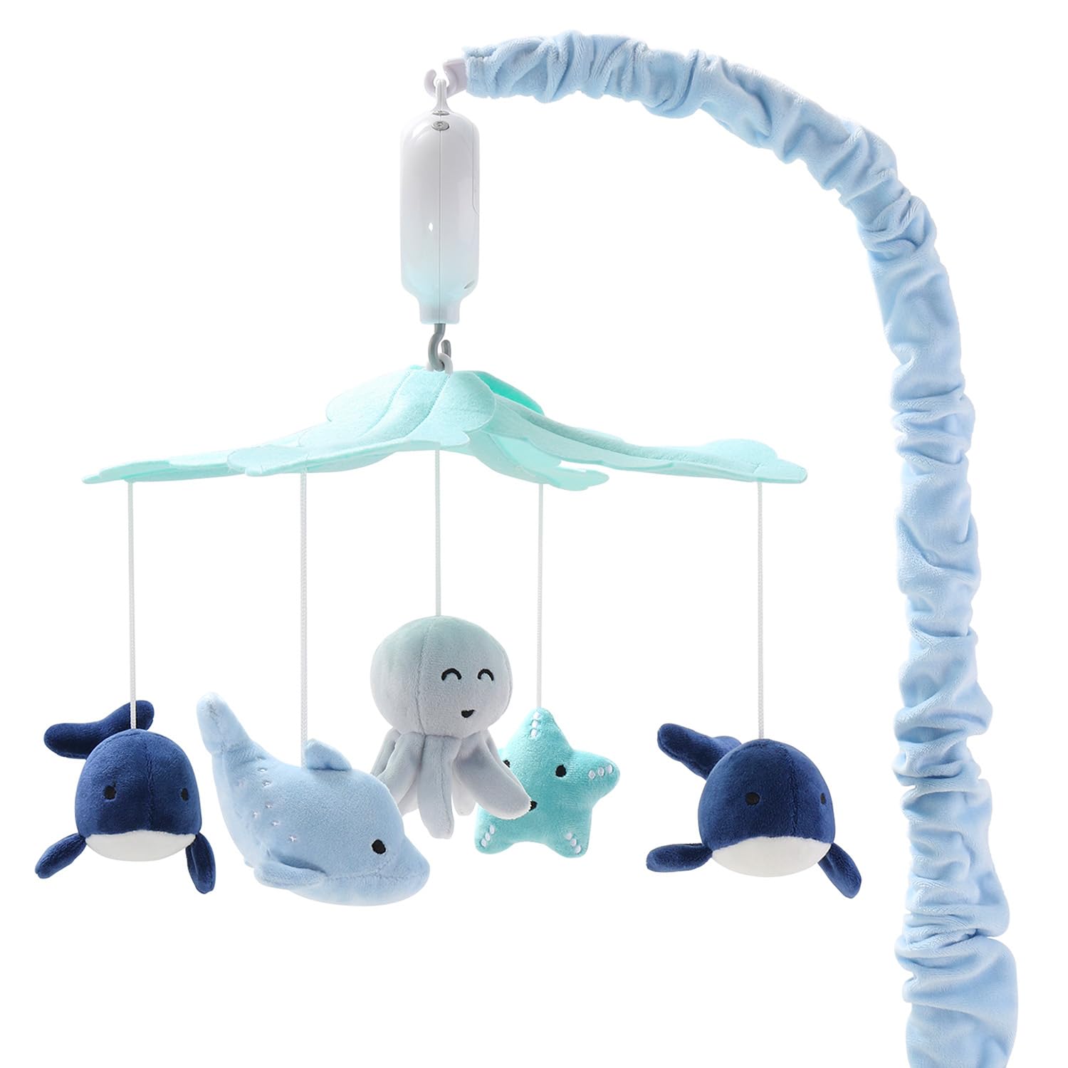 The Peanutshell crib mobile featuring ocean animals creates a soothing nursery scene.