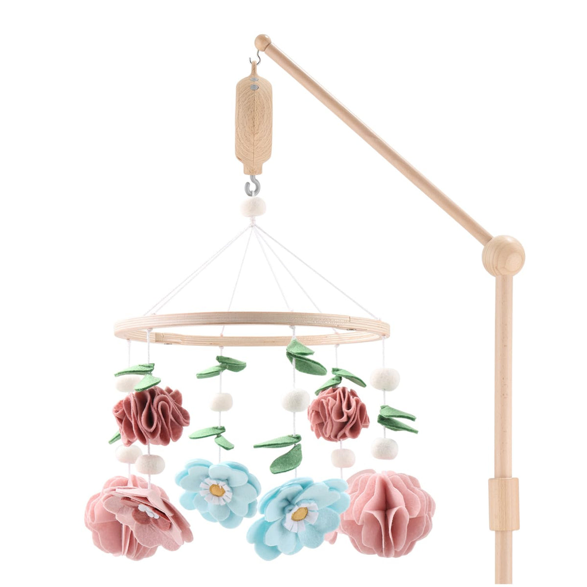 The Peanutshell crib mobile with wildflower flowers offers gentle rotation for soothing visuals.