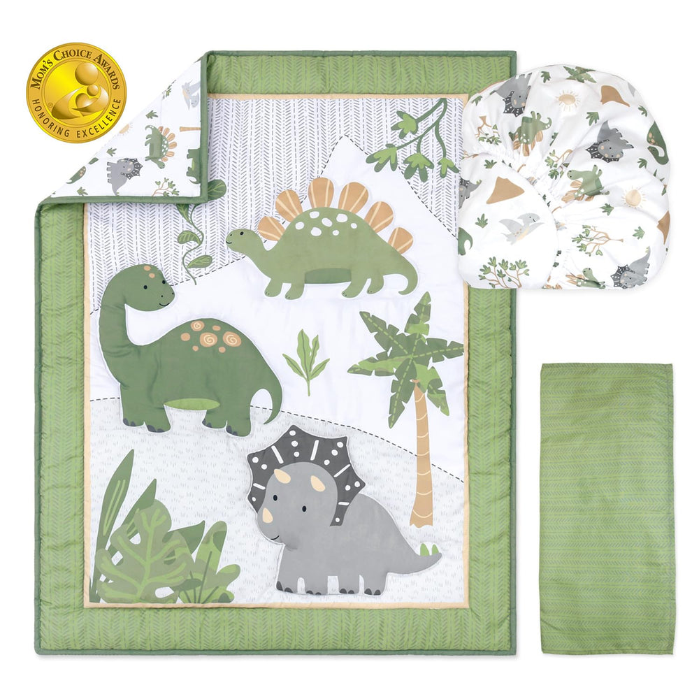 The Peanutshell Dinosaur Dreams fitted sheet fits standard cribs with a snug elastic fit