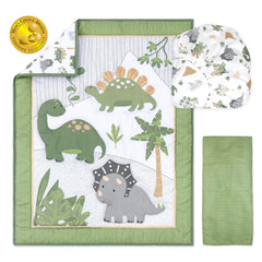 The Peanutshell Dinosaur Dreams fitted sheet fits standard cribs with a snug elastic fit