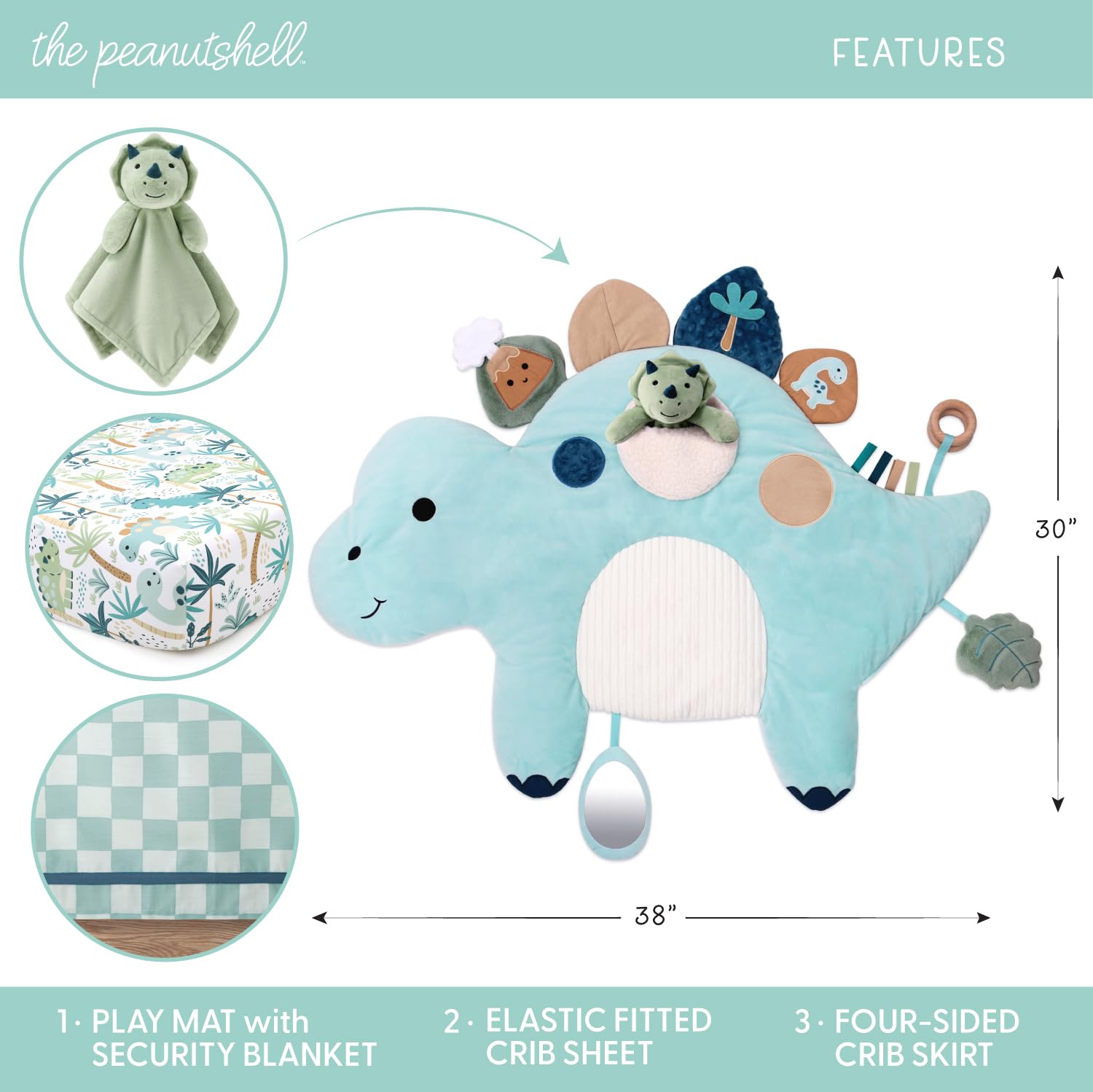 The Peanutshell tummy time mat with dinosaur design supports early play from tummy time to sitting
