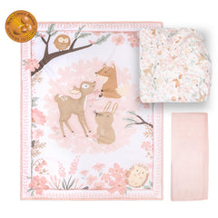 The Peanutshell Fairytale Forest fitted sheet delivers snug, secure crib sleep.