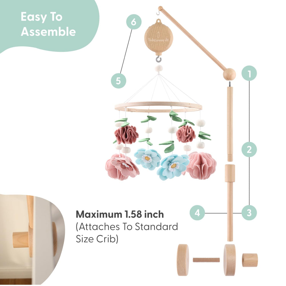 The Peanutshell girls crib mobile features 12 lullabies to support bedtime routines.