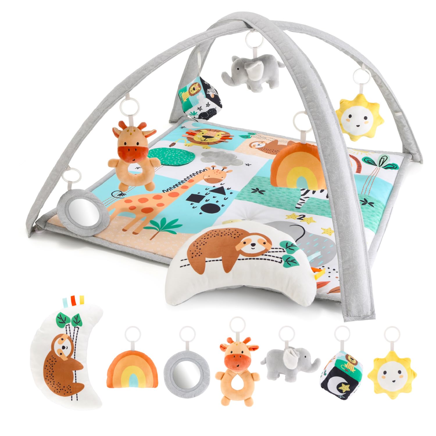 The Peanutshell safari play gym folded for compact storage and travel.