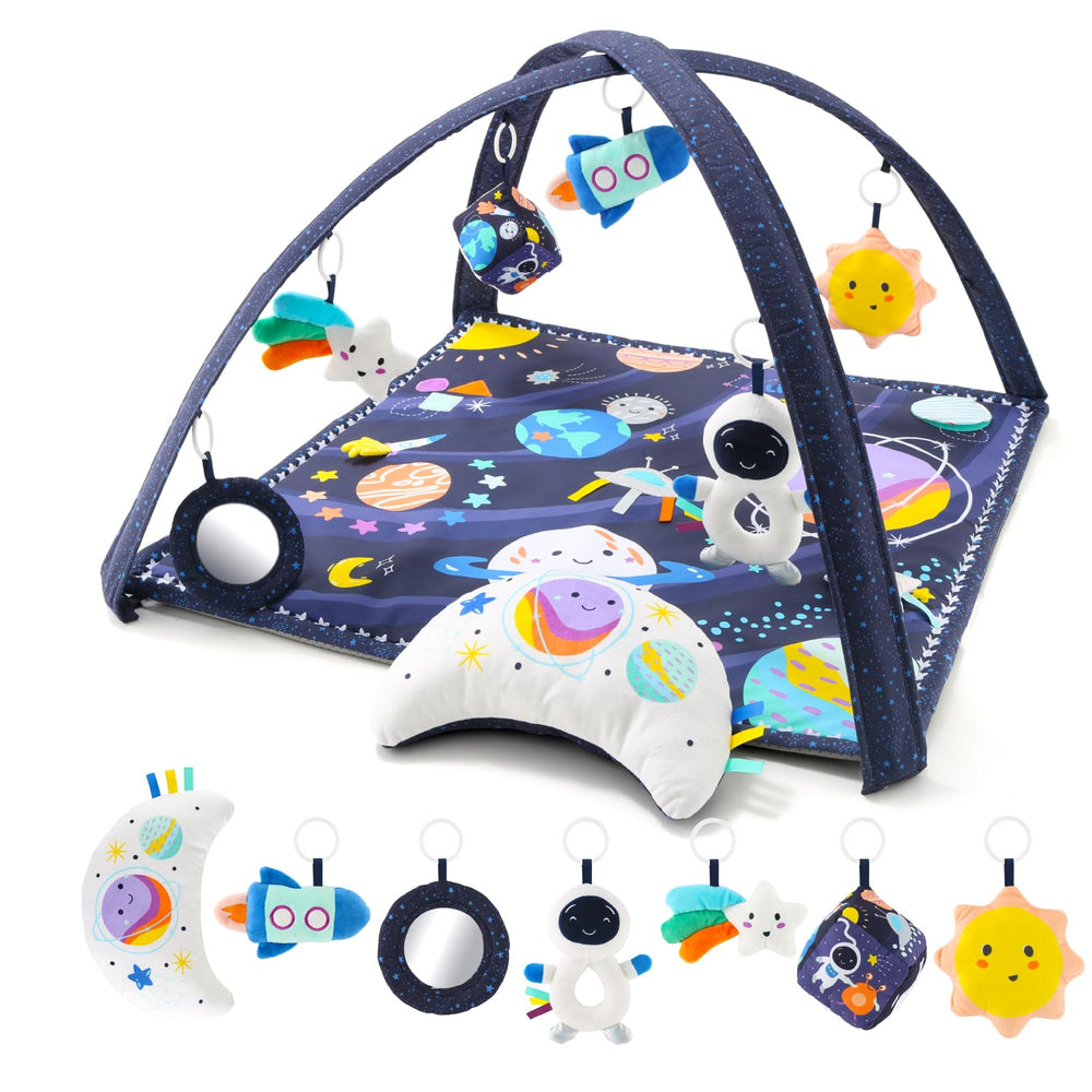 The Peanutshell Space Play Gym with astronauts and planets invites reaching and exploration.