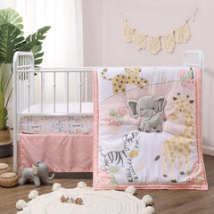 The Peanutshell Wildest Dreams quilt featuring safari animals adds cozy color to a nursery.
