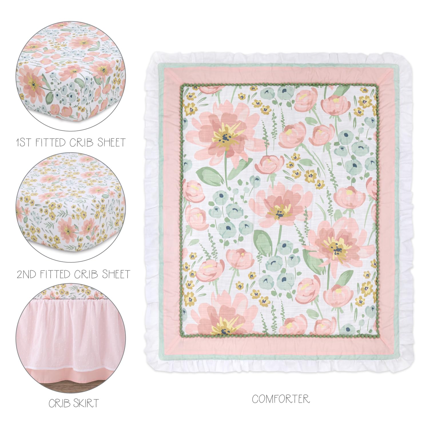The Peanutshell Wildflower fitted crib sheet secures a snug fit on standard cribs.