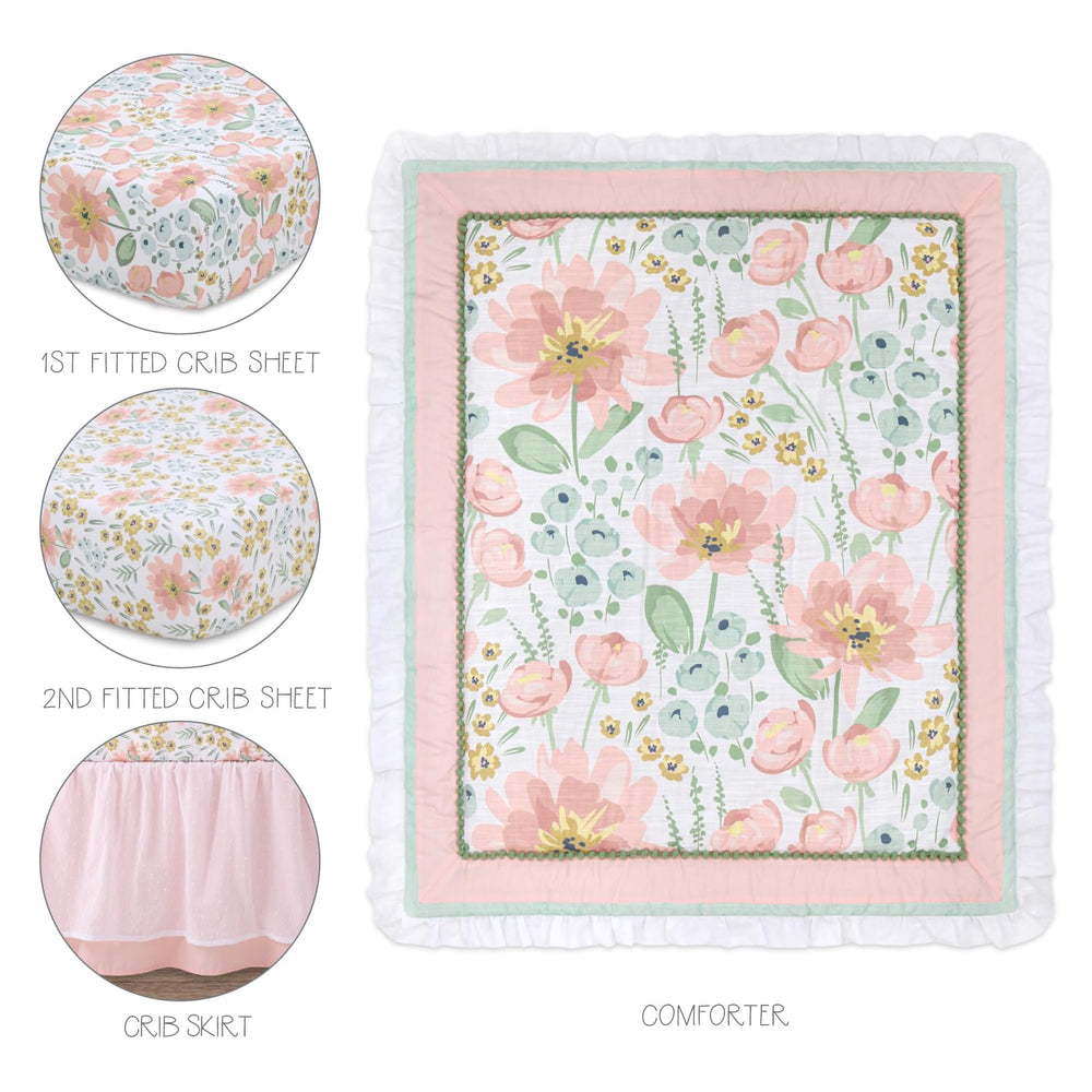 The Peanutshell Wildflower fitted crib sheet secures a snug fit on standard cribs.