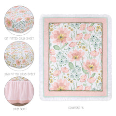 The Peanutshell Wildflower fitted crib sheet secures a snug fit on standard cribs.