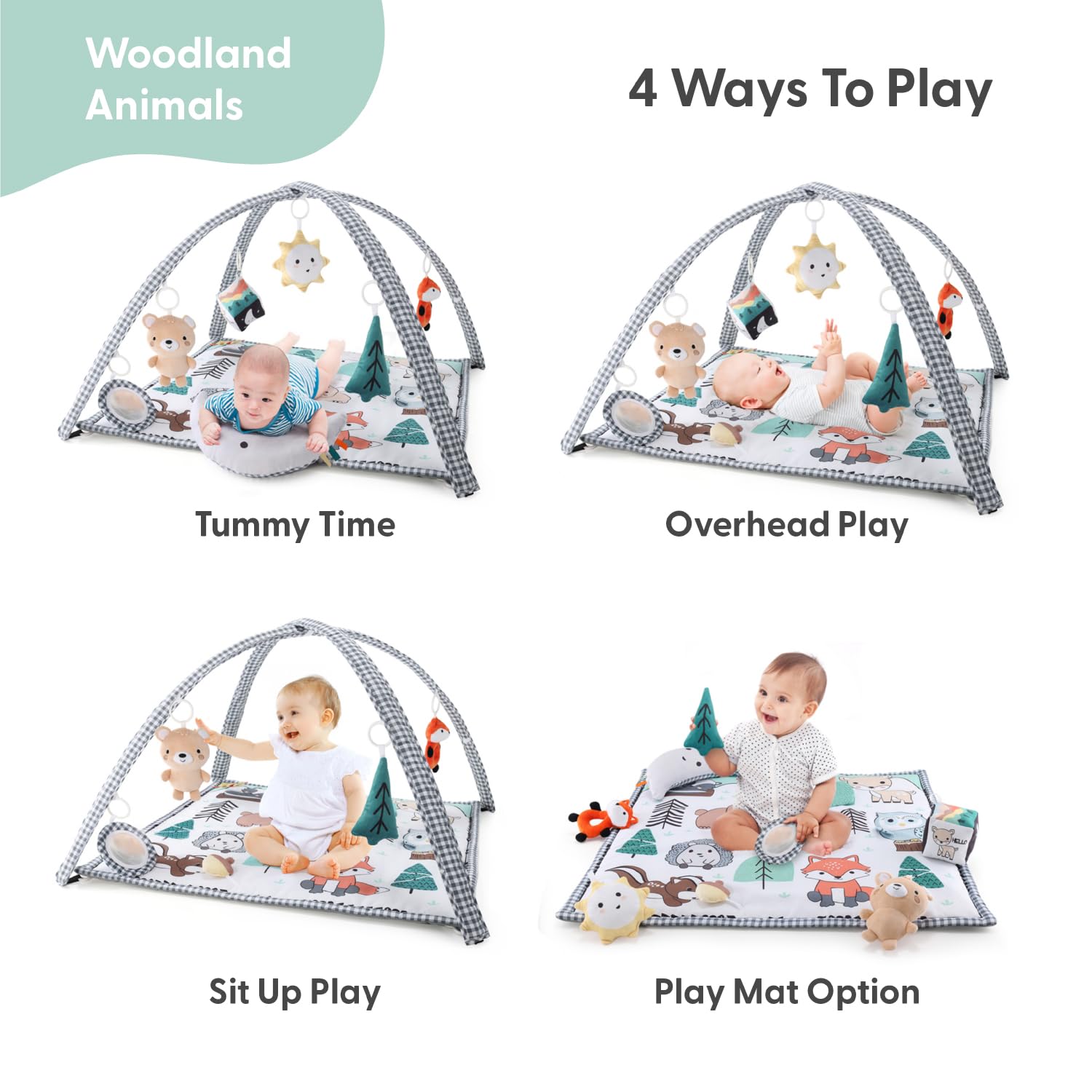 The Peanutshell woodland play gym with bear for reach and grasp play.