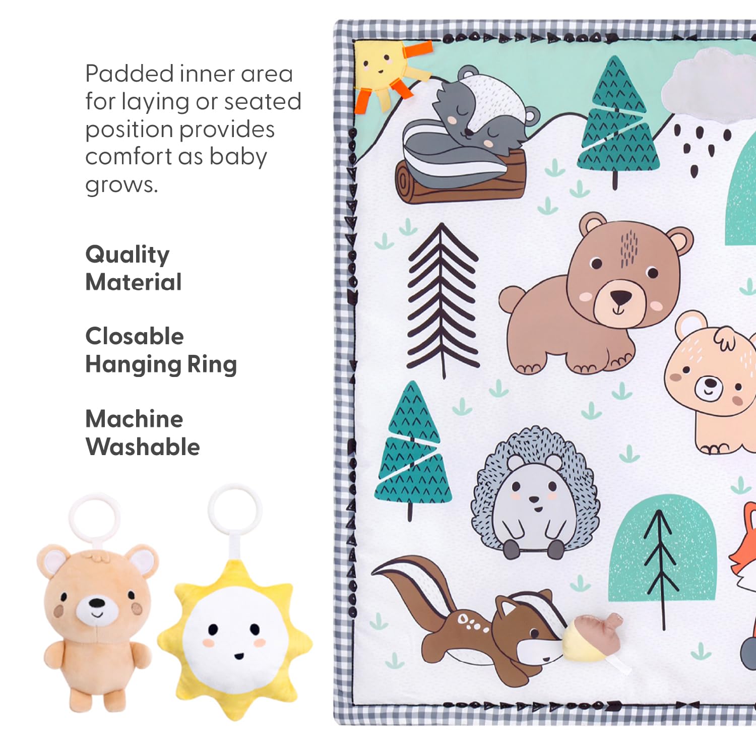The Peanutshell woodland play gym with hedgehog toy to spark curiosity.