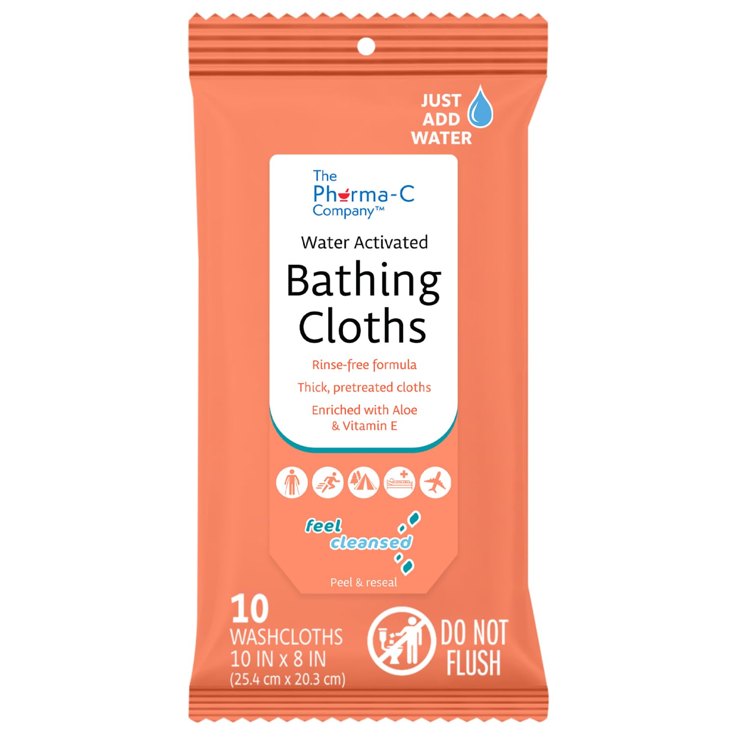 The Pharma-C Company water-activated bathing cloths pack dispensing for easy one-at-a-time cleansing