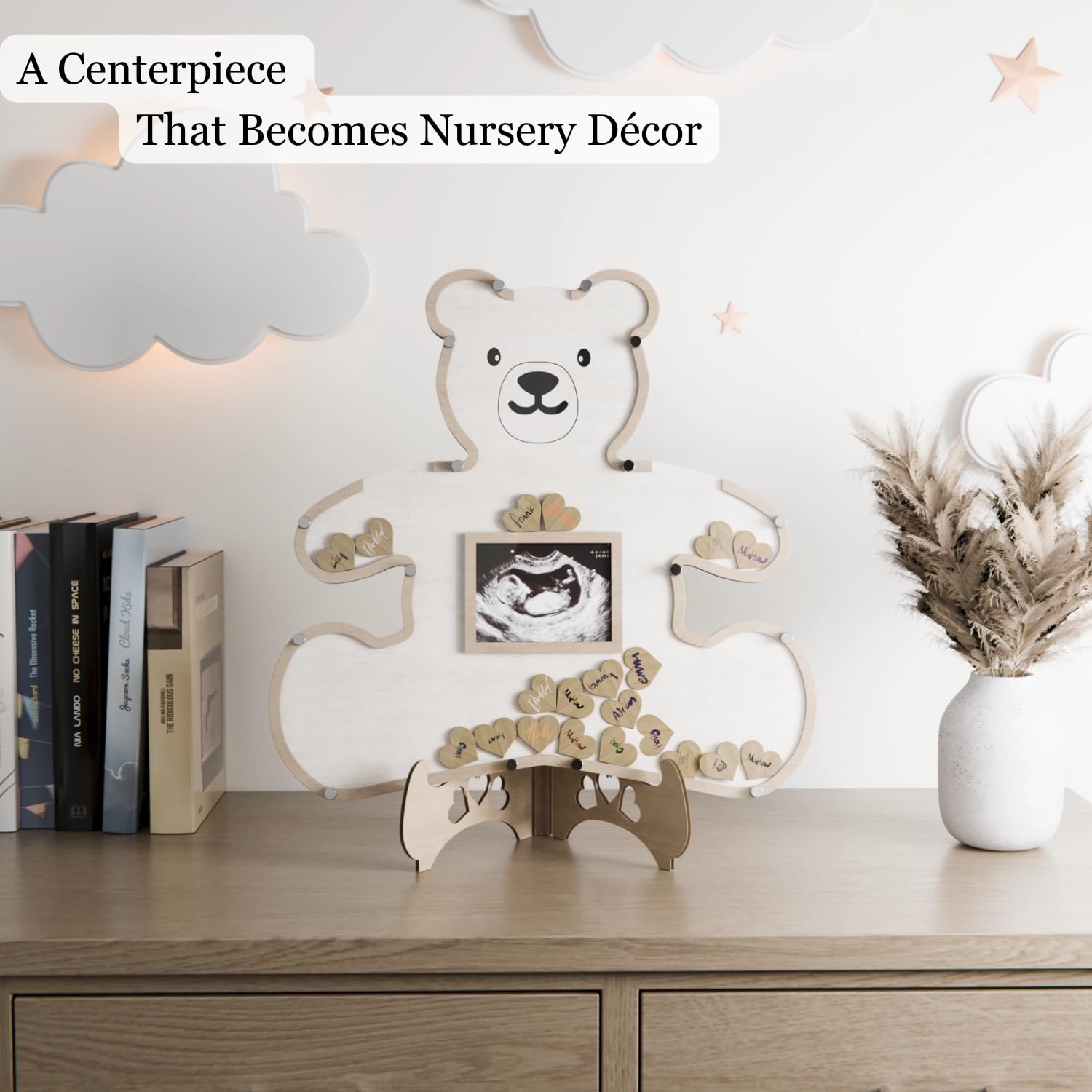 The Real Bossy Baby wooden token box stores guest hearts.