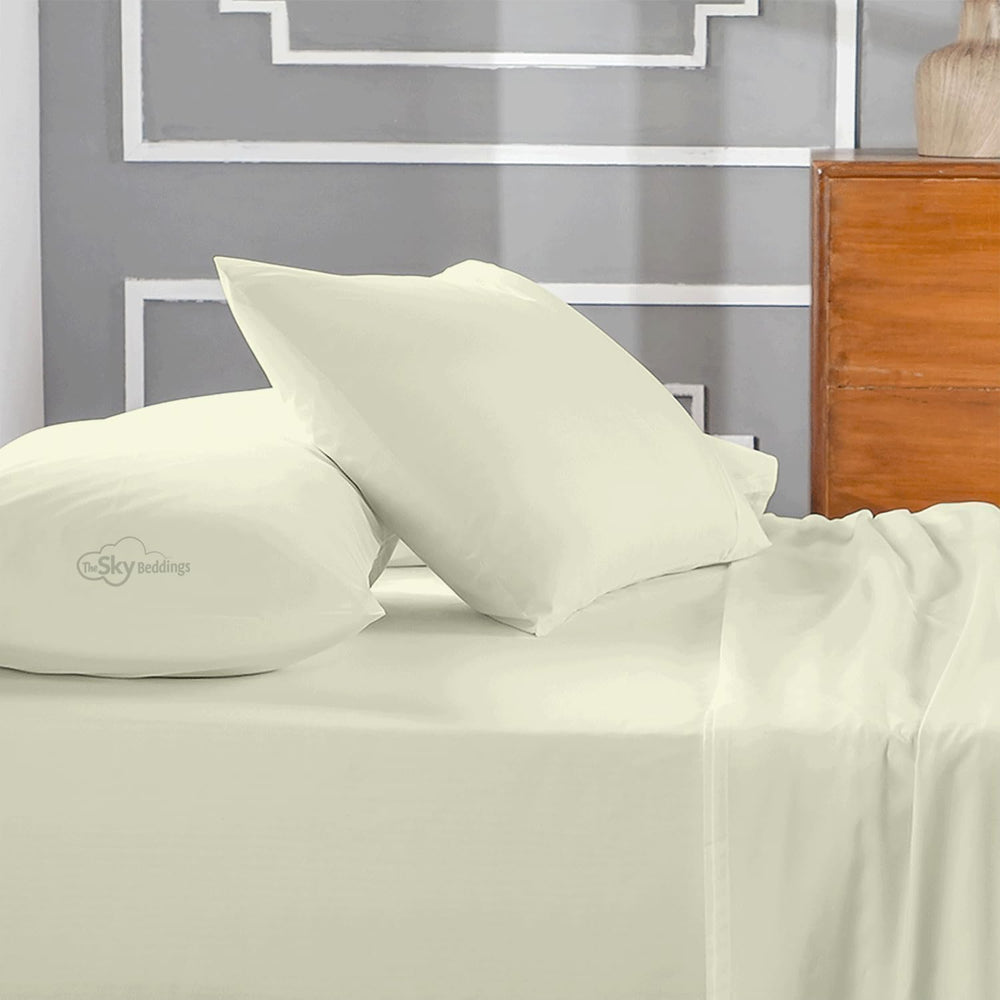 The Sky Bedding 2-pack ivory pillowcases highlight durable, fine Egyptian cotton weave.