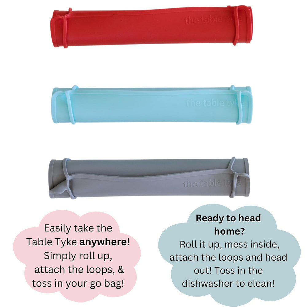 The Table Tyke restaurant ready placemat supports tidy dining away from home