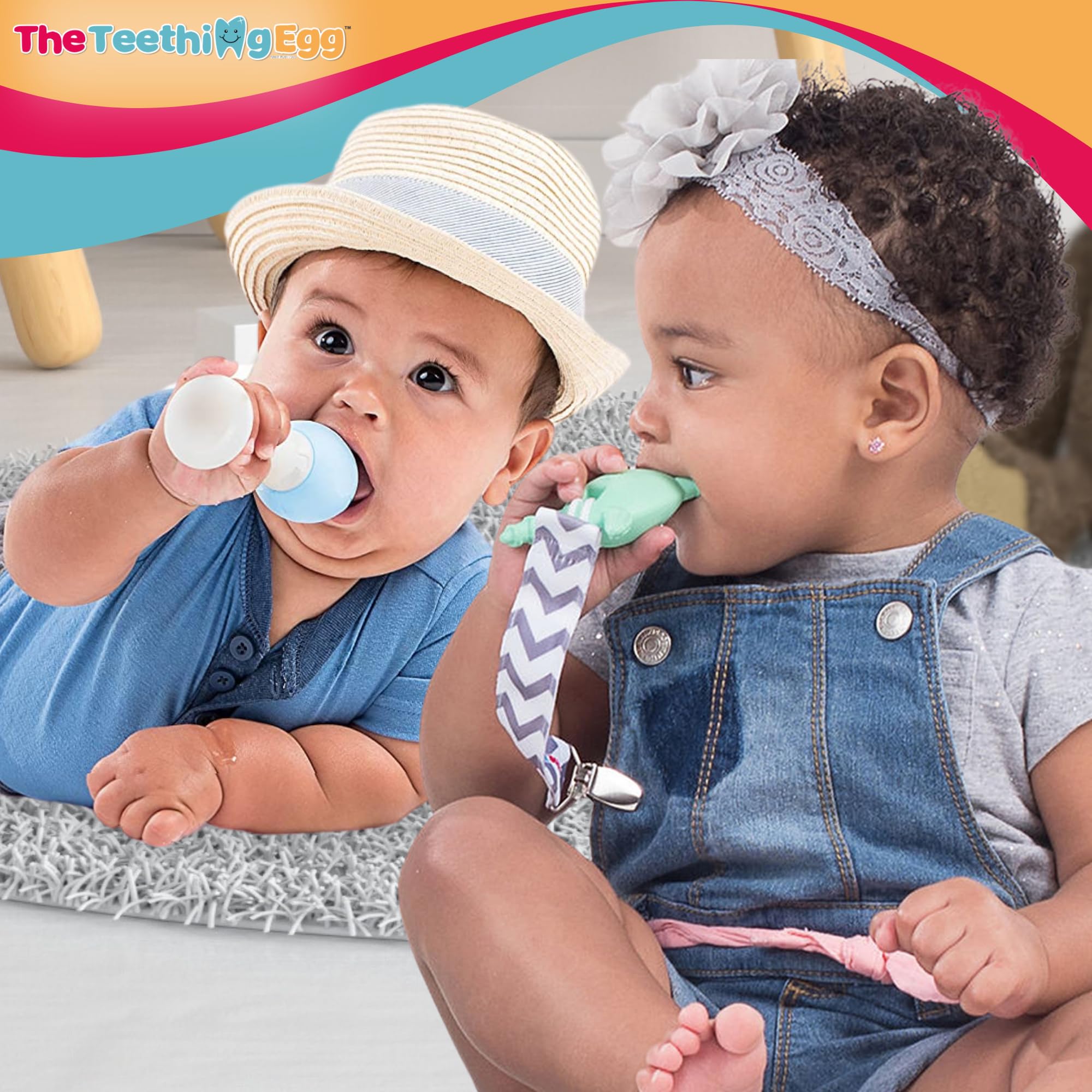 The Teething Egg with Grippie Attachment demonstrates easy grip for tiny hands.