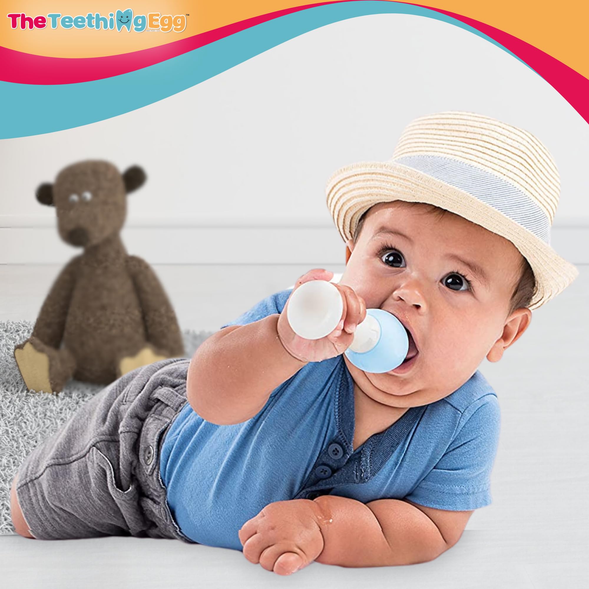 The Teething Egg Grippie Stick attachment improves grip for tiny hands.
