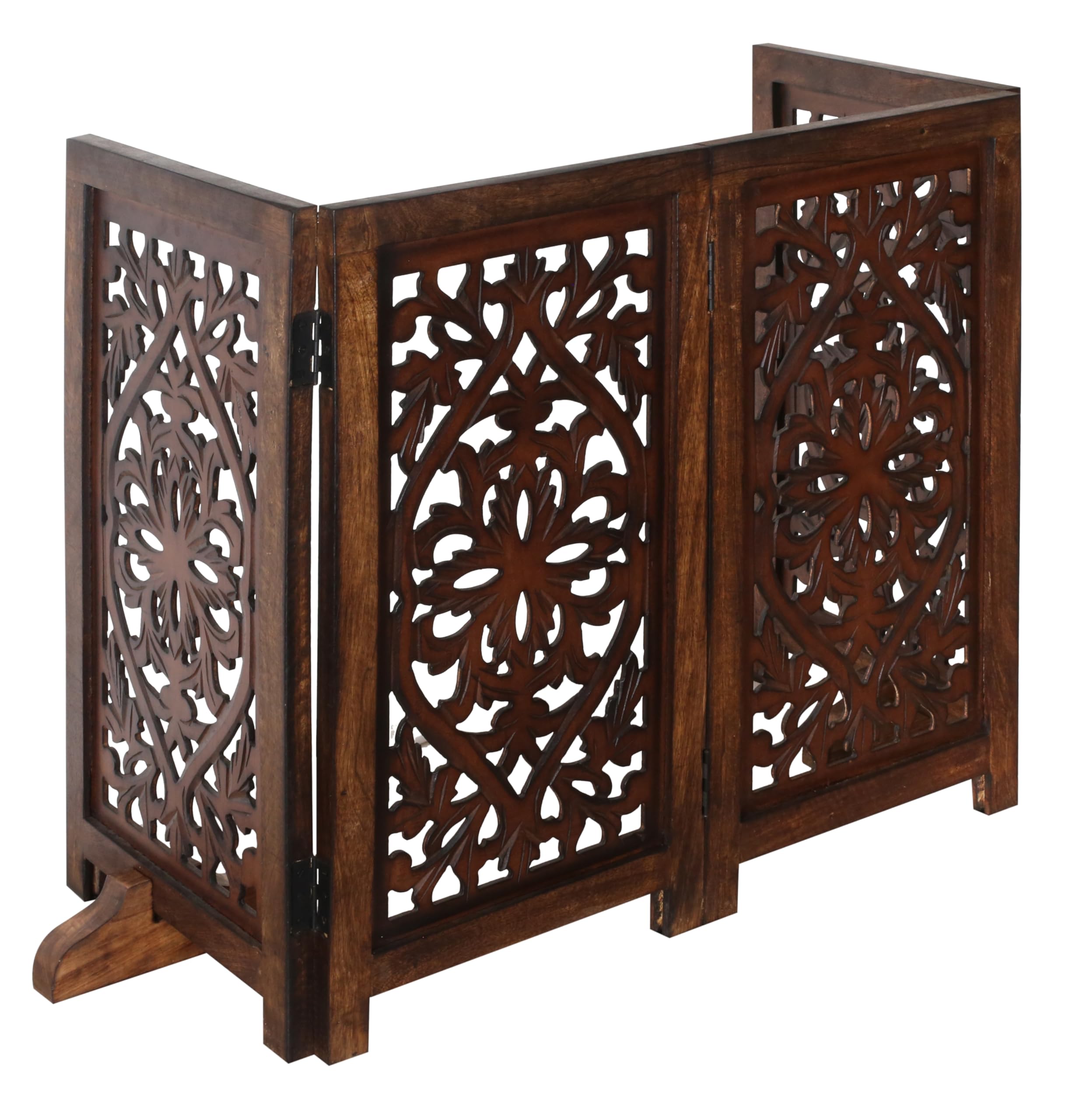 The Wooden Town burnt-finish dog gate side view showing sturdy construction.