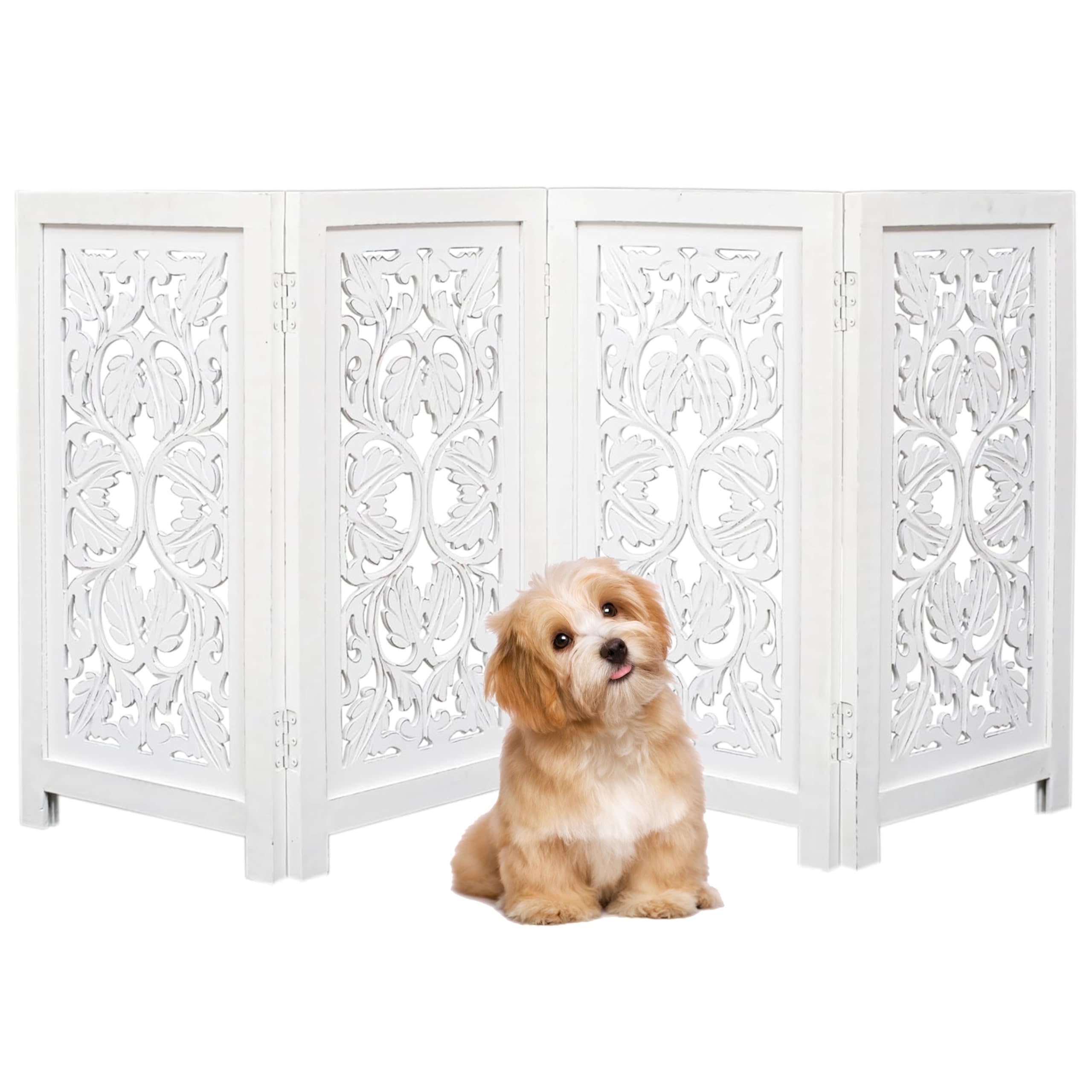The Wooden Town free-standing dog gate, 4-panel foldable in white, ideal for doorway containment.