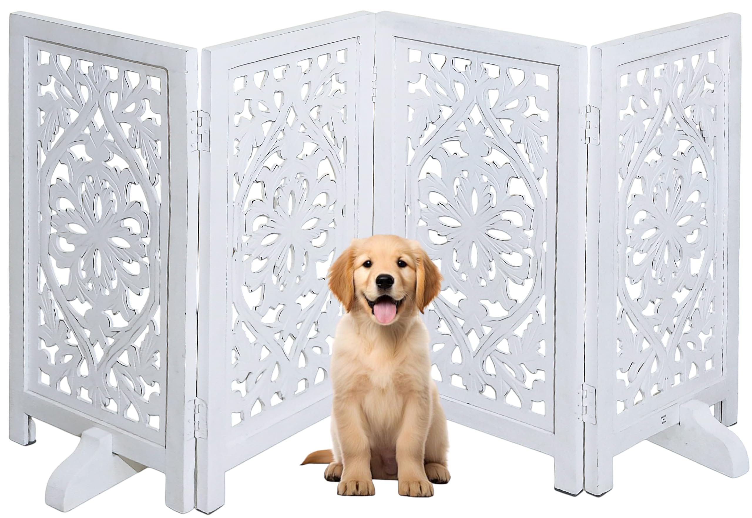 The Wooden Town free-standing dog gate in white finish, ideal for doorways and stairs safety.